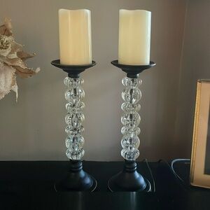 Two | Sturdy | Glass Stacked Textured Balls on Metal Base/Top Candle Pedestal